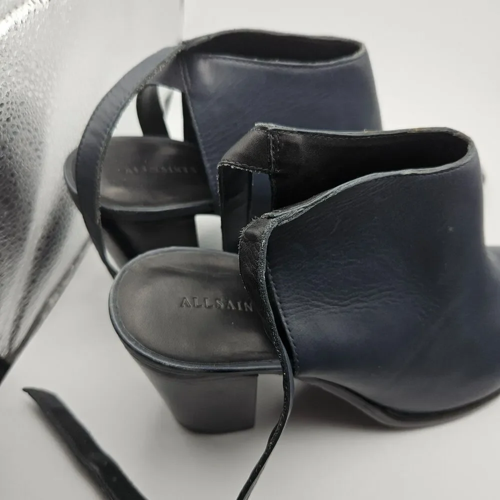 ALL SAINTS 9.5 Ivy Block Heel Bootie Shoes in Dusty navy Blue Leather Almond Toe